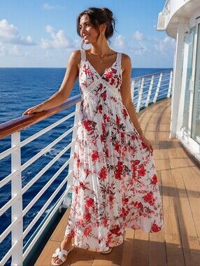 Hummingbird Floral Maxi Dress White Red Lace Trim Sleeveless Size M NWT